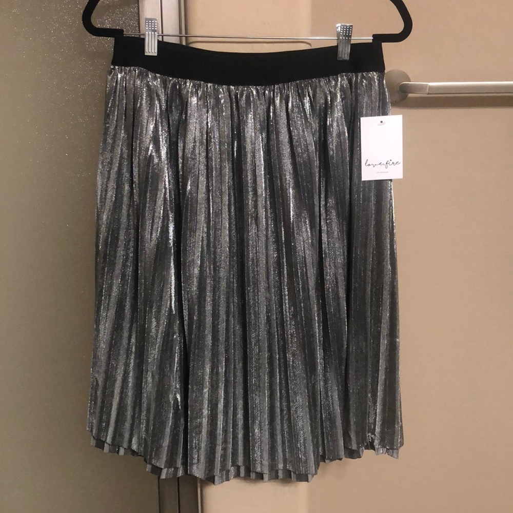 Silver Metallic Pleated Skirt by Love Fire